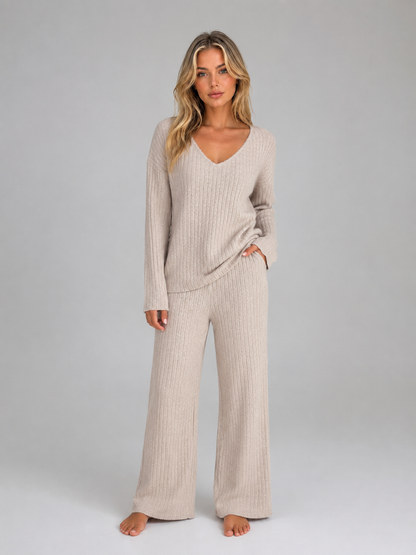 Women's V-Neck Wide-Leg Lounge Set - Beige