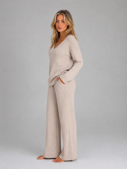 Women's V-Neck Wide-Leg Lounge Set - Beige