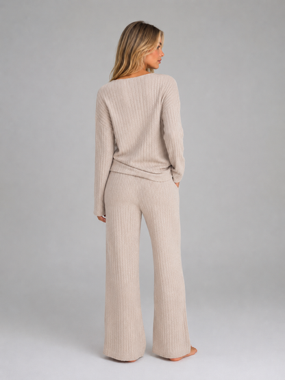 Women's V-Neck Wide-Leg Lounge Set - Beige