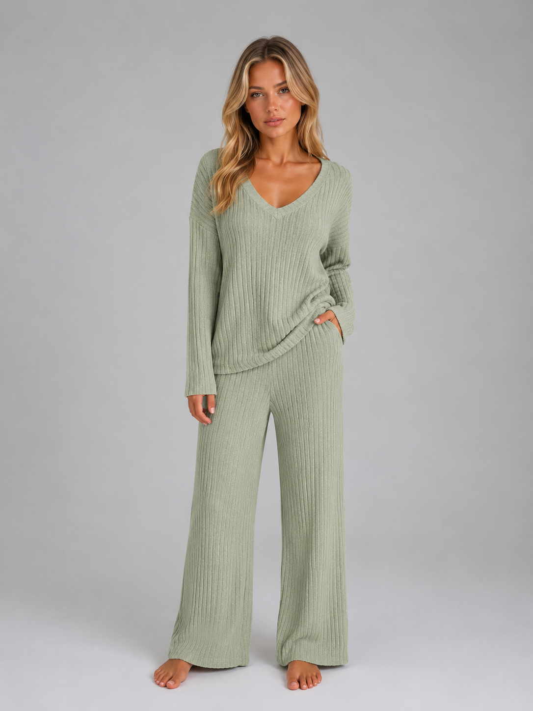 Women's V-Neck Wide-Leg Lounge Set - Sage Green