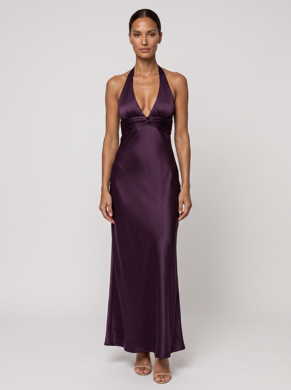 Women's Wedding Guest Halter Satin Maxi Dress - Plum