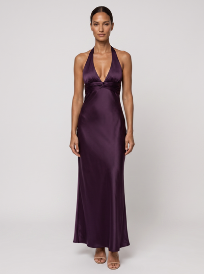 Women's Wedding Guest Halter Satin Maxi Dress - Plum
