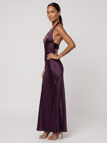 Women's Wedding Guest Halter Satin Maxi Dress - Plum