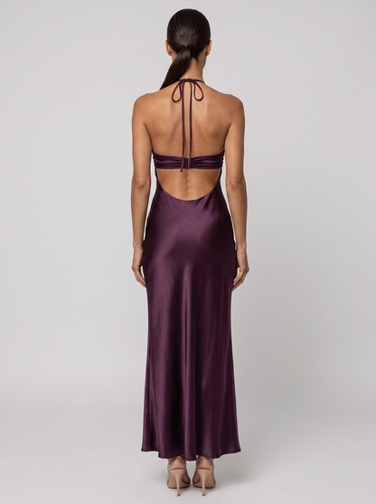 Women's Wedding Guest Halter Satin Maxi Dress - Plum