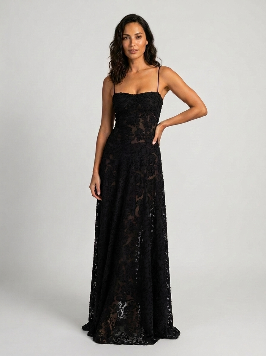 Women's Wedding Guest Tonal Lace Cami Maxi Dress with Lace-Up Back - Black