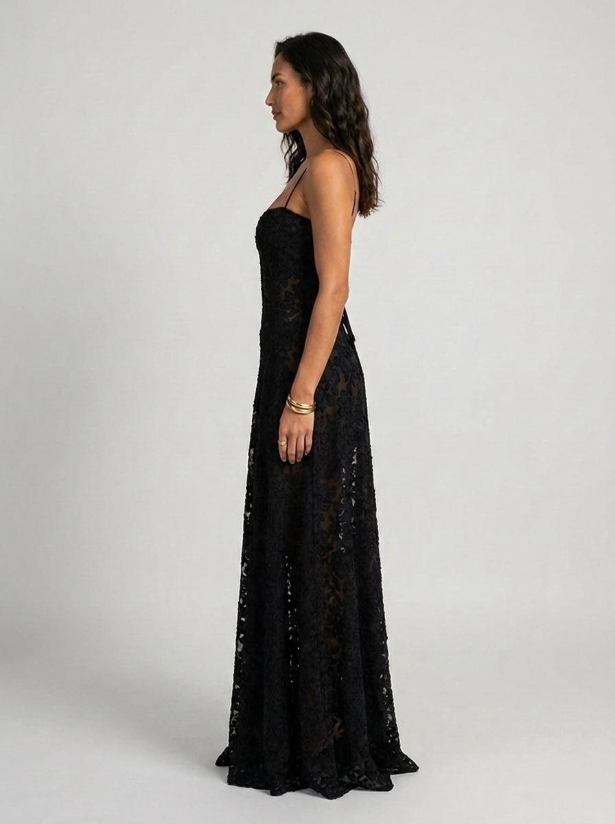 Women's Wedding Guest Tonal Lace Cami Maxi Dress with Lace-Up Back - Black