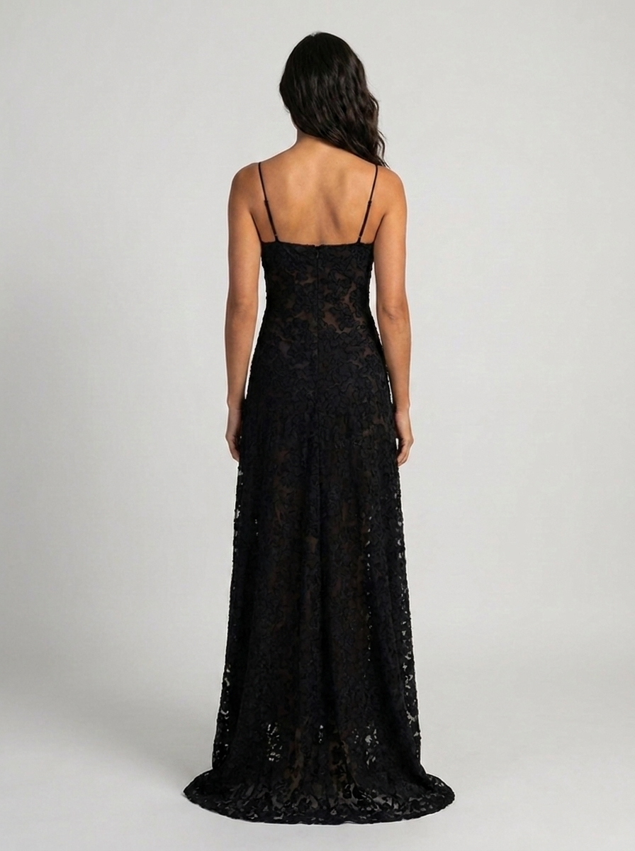 Women's Wedding Guest Tonal Lace Cami Maxi Dress with Lace-Up Back - Black