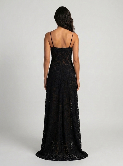 Women's Wedding Guest Tonal Lace Cami Maxi Dress with Lace-Up Back - Black