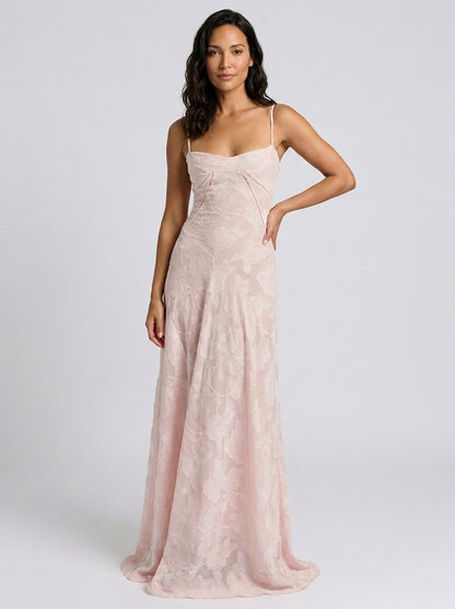 Women's Wedding Guest Tonal Lace Cami Maxi Dress with Lace-Up Back - Blush Pink
