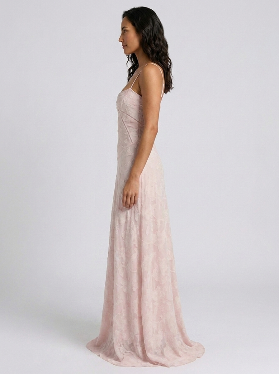 Women's Wedding Guest Tonal Lace Cami Maxi Dress with Lace-Up Back - Blush Pink