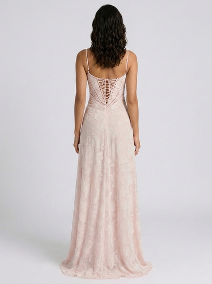 Women's Wedding Guest Tonal Lace Cami Maxi Dress with Lace-Up Back - Blush Pink