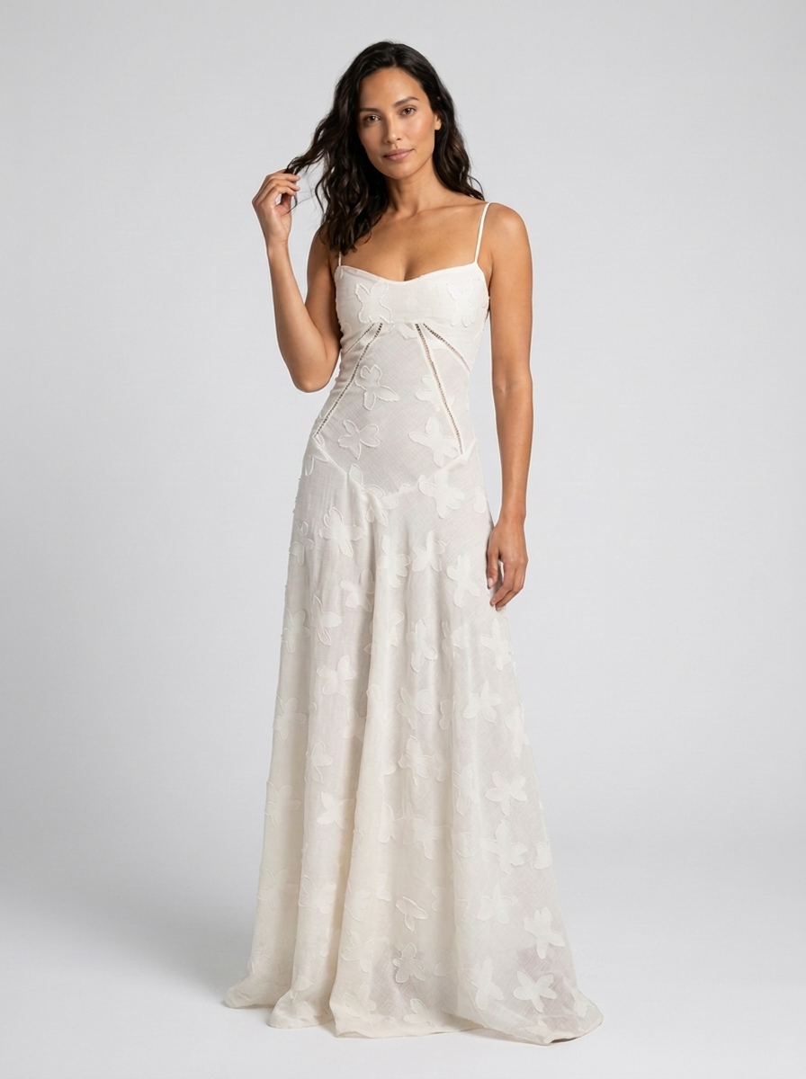 Women's Wedding Guest Tonal Lace Cami Maxi Dress with Lace-Up Back - Ivory