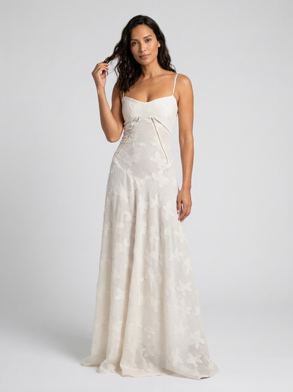 Women's Wedding Guest Tonal Lace Cami Maxi Dress with Lace-Up Back - Ivory