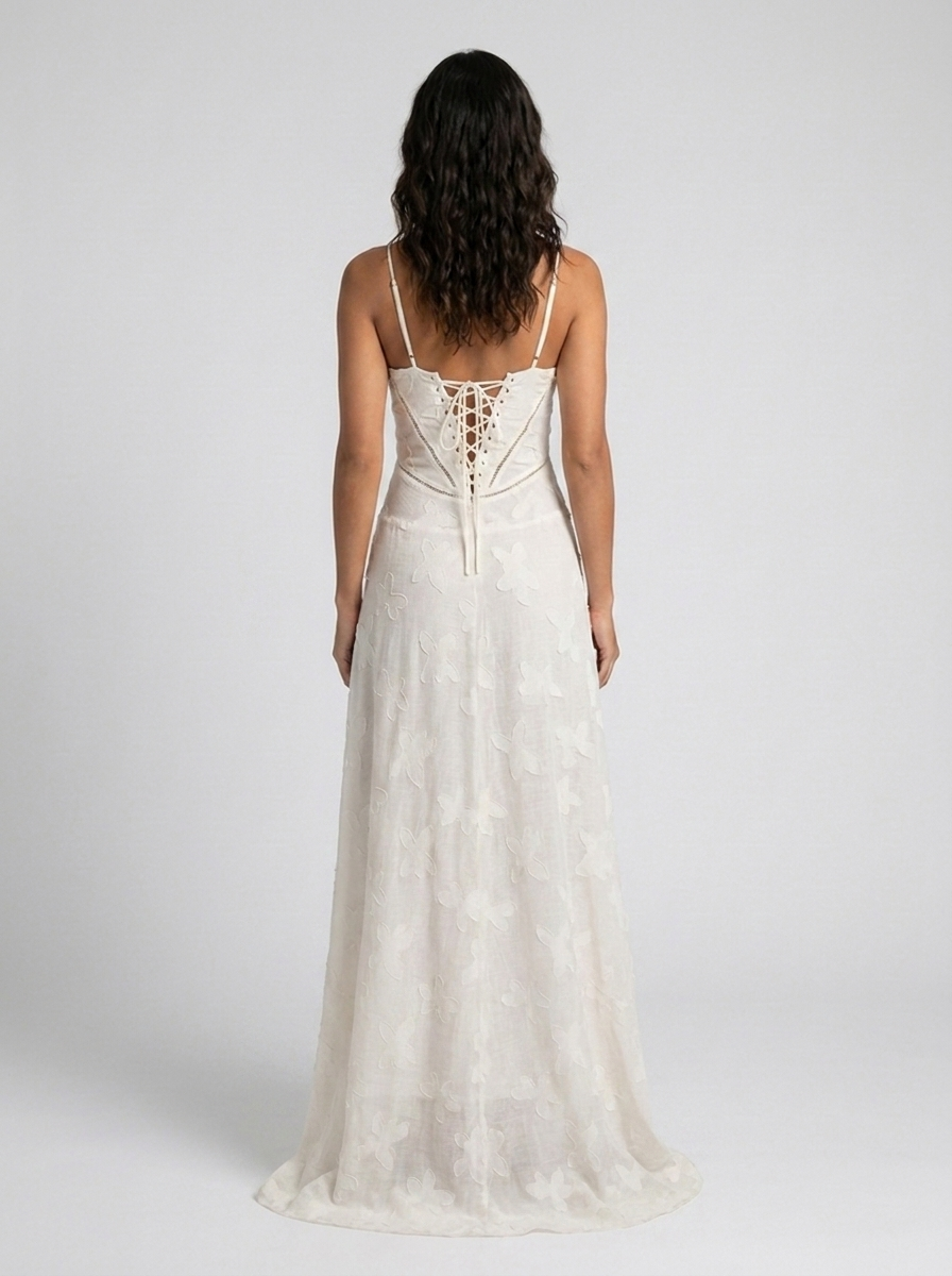 Women's Wedding Guest Tonal Lace Cami Maxi Dress with Lace-Up Back - Ivory
