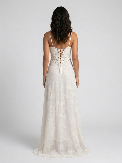 Women's Wedding Guest Tonal Lace Cami Maxi Dress with Lace-Up Back - Ivory