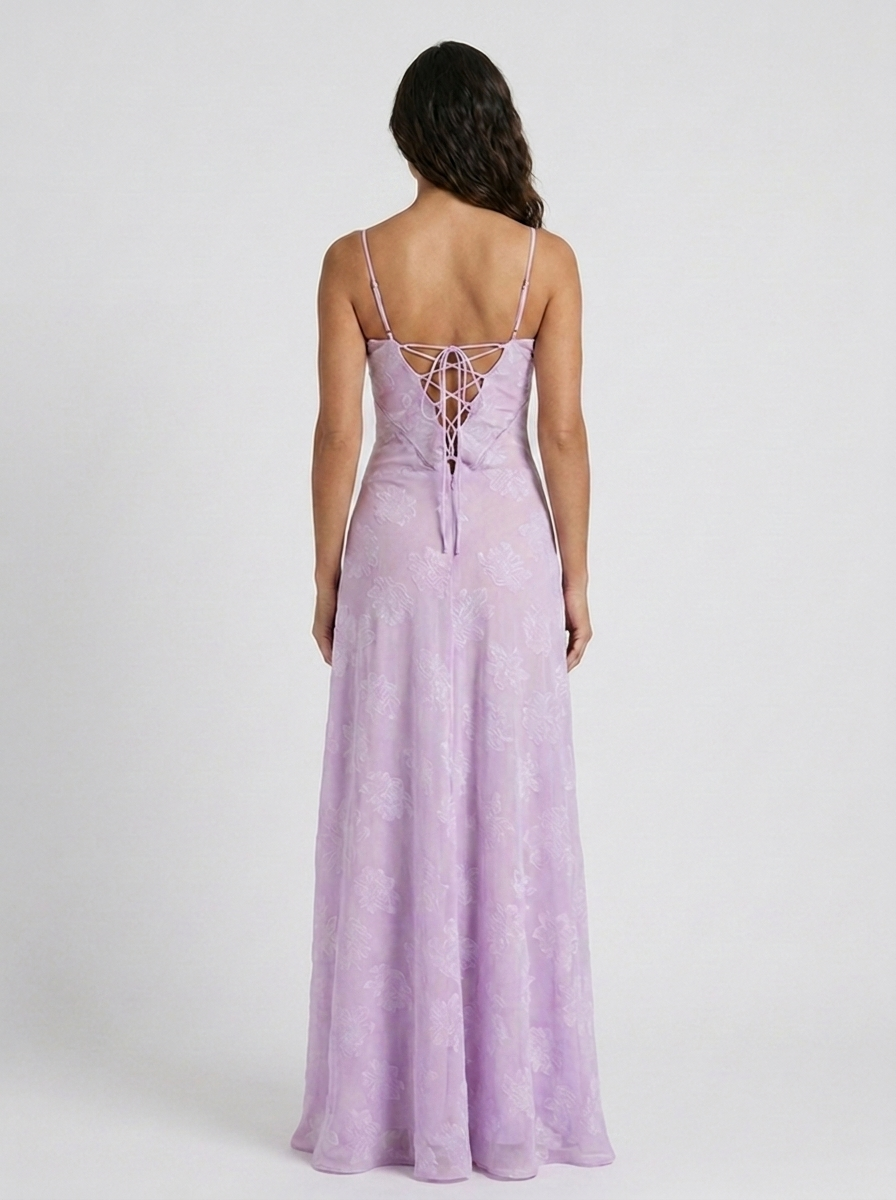 Women's Wedding Guest Tonal Lace Cami Maxi Dress with Lace-Up Back - Lilac