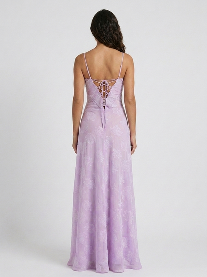 Women's Wedding Guest Tonal Lace Cami Maxi Dress with Lace-Up Back - Lilac