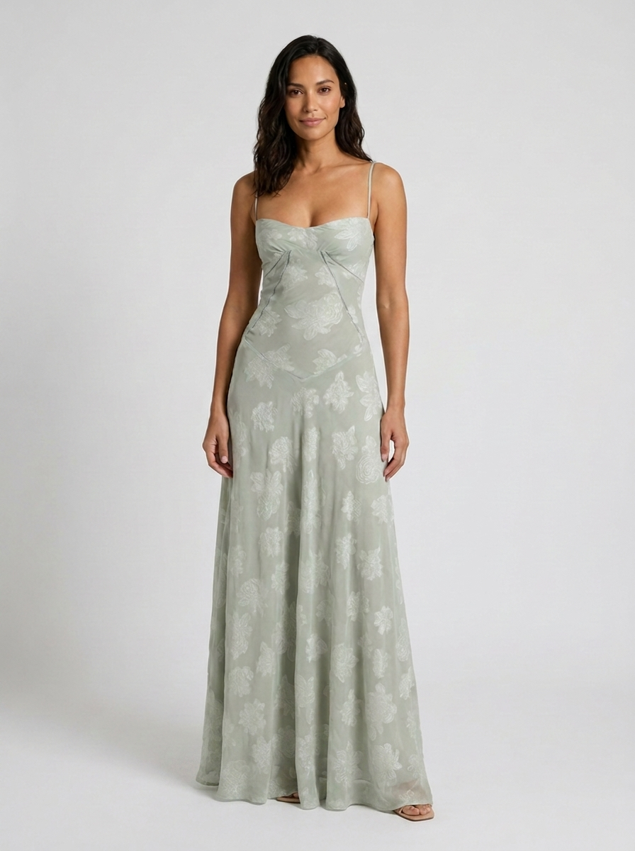 Women's Wedding Guest Tonal Lace Cami Maxi Dress with Lace-Up Back - Sage