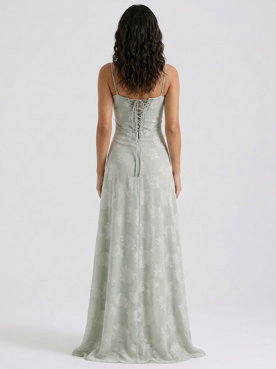 Women's Wedding Guest Tonal Lace Cami Maxi Dress with Lace-Up Back - Sage