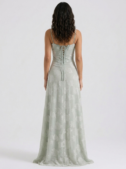 Women's Wedding Guest Tonal Lace Cami Maxi Dress with Lace-Up Back - Sage