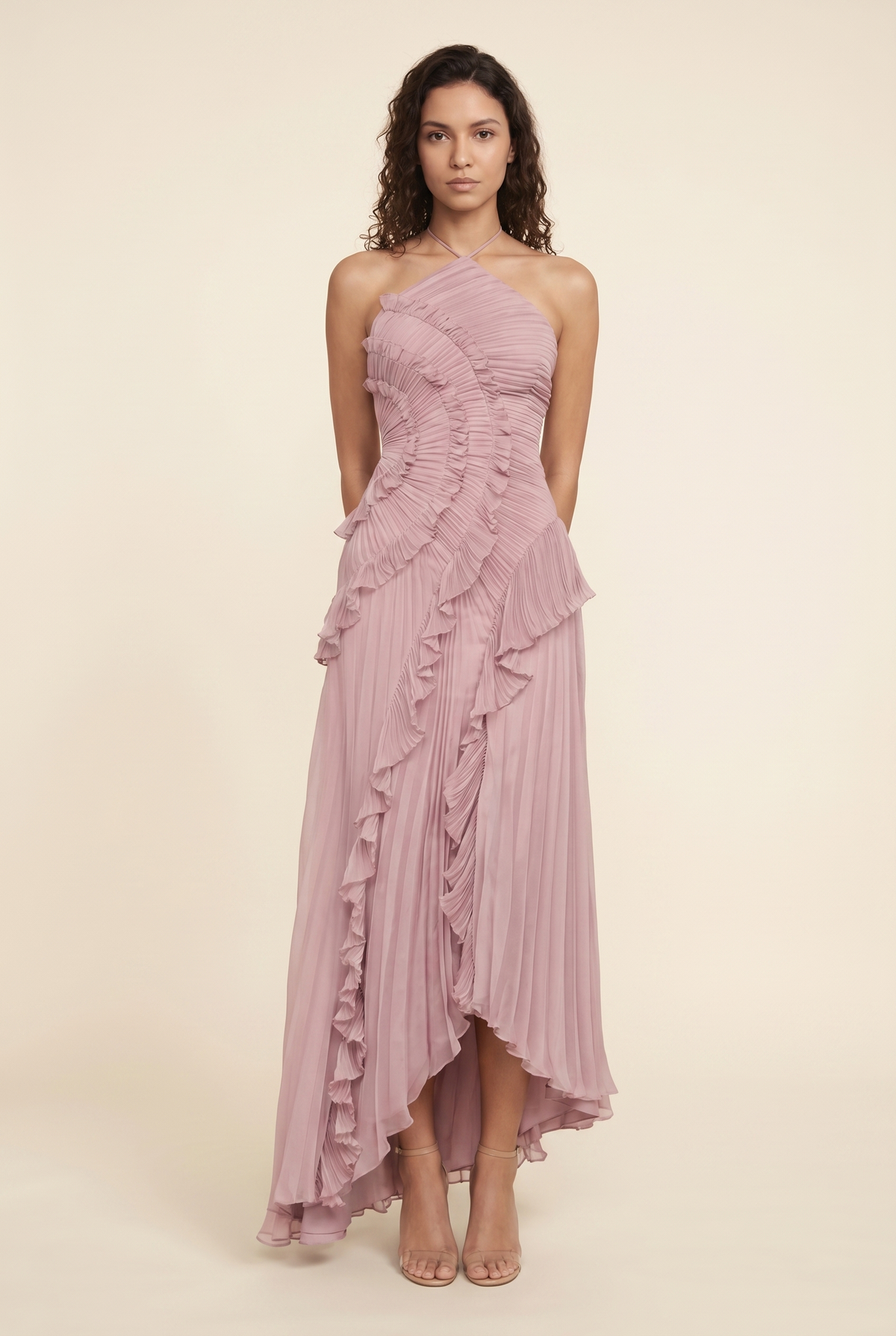 Women's Wedding Halter Ruffle Maxi Dress - Dusty Pink