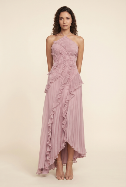 Women's Wedding Halter Ruffle Maxi Dress - Dusty Pink