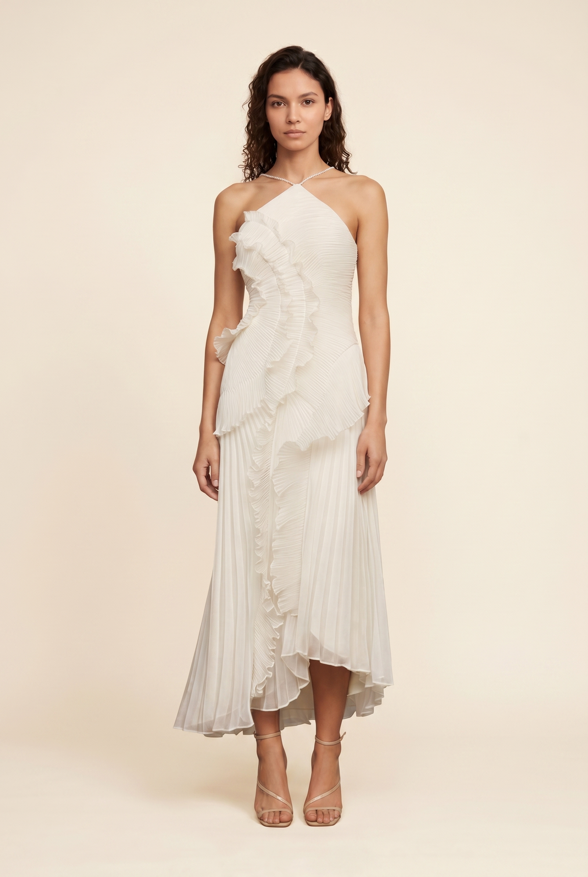 Women's Wedding Halter Ruffle Maxi Dress - Ivory