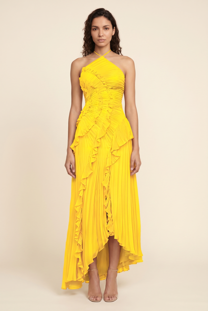 Women's Wedding Halter Ruffle Maxi Dress - Yellow
