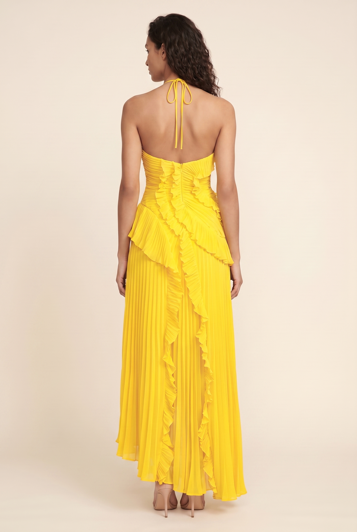 Women's Wedding Halter Ruffle Maxi Dress - Yellow