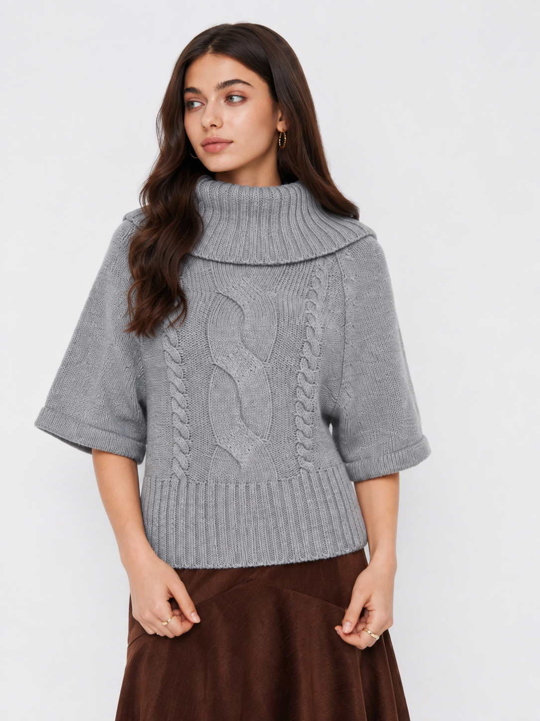 Women's Wide Neck Cable Knit Sweater - Gray
