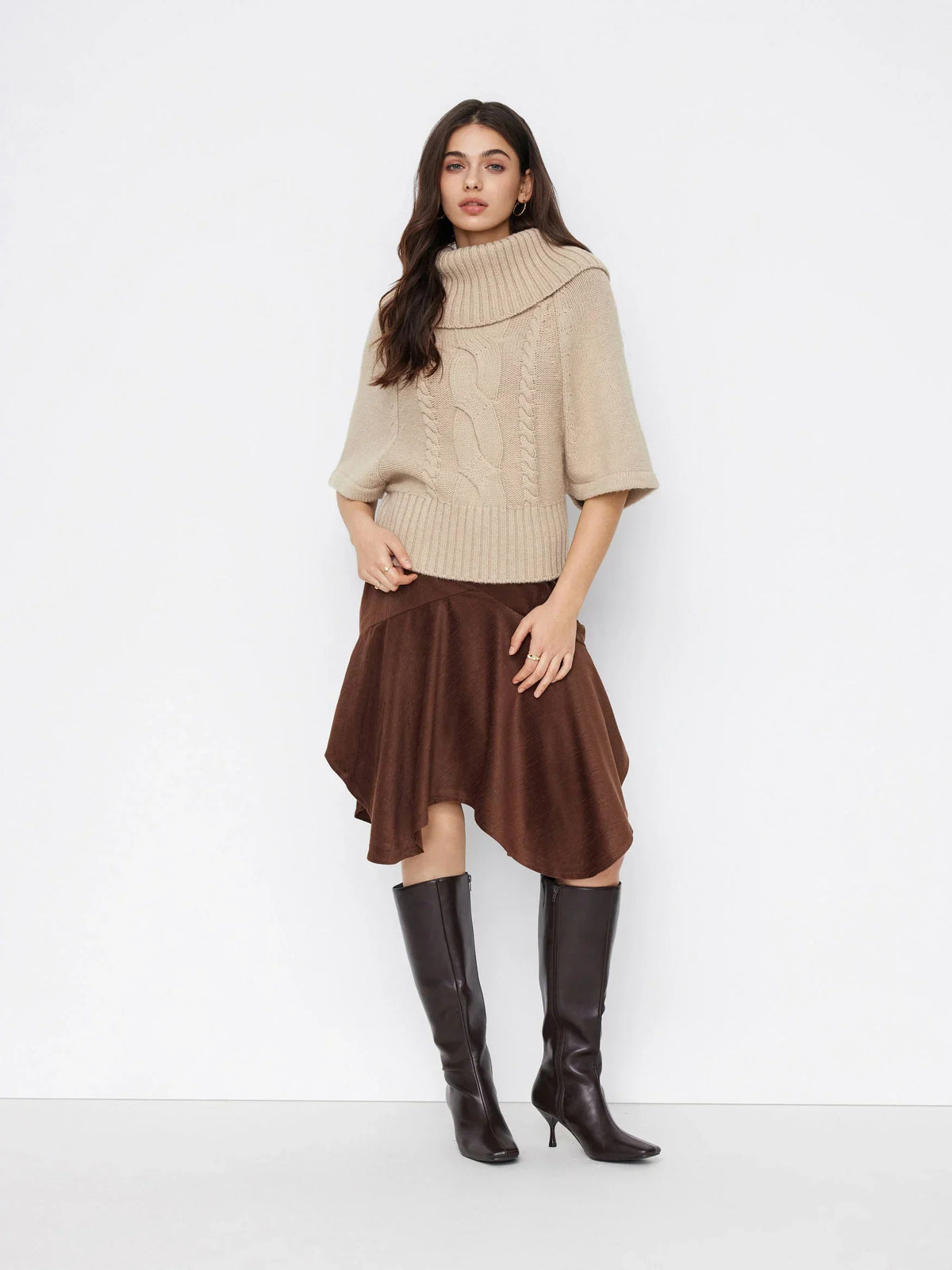 Women's Wide Neck Cable Knit Sweater - Khaki
