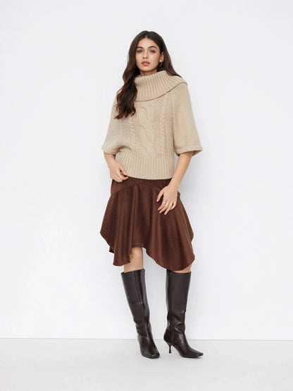 Women's Wide Neck Cable Knit Sweater - Khaki