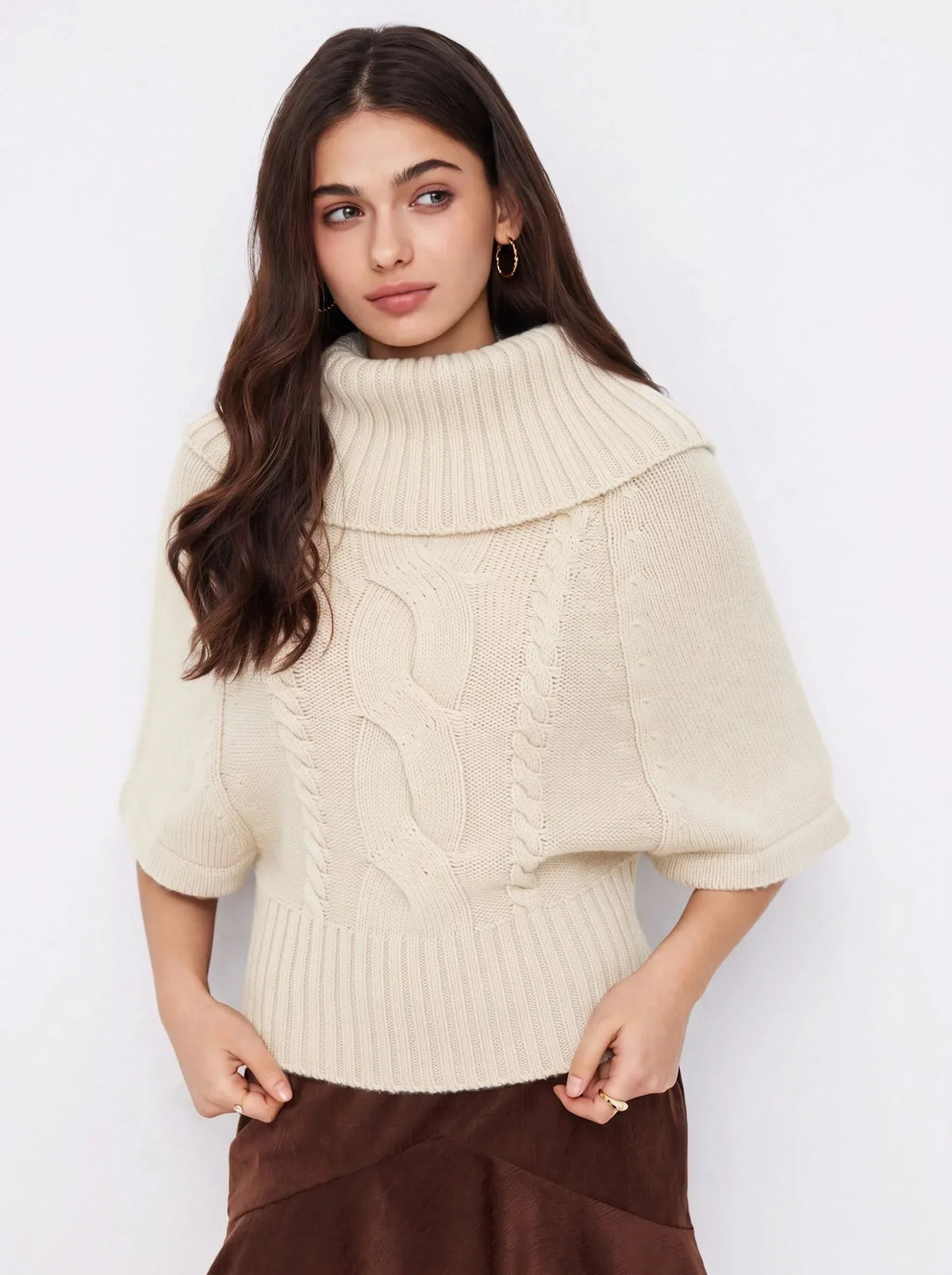 Women's Wide Neck Cable Knit Sweater - White