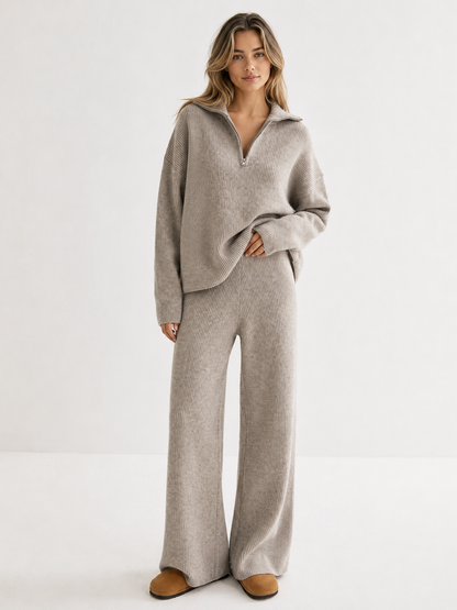 Women's Wool-Blend Quarter-Zip Sweater and Pants Set - Oatmeal