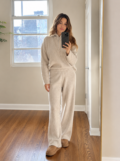 Women's Wool-Blend Quarter-Zip Sweater and Pants Set - Oatmeal