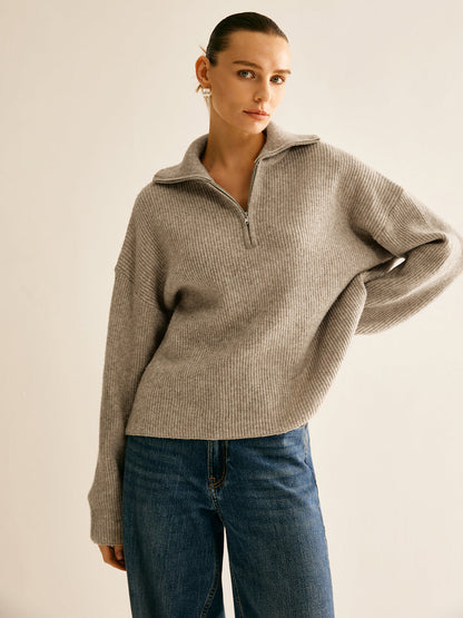 Women's Wool-Blend Quarter-Zip Sweater and Pants Set - Oatmeal
