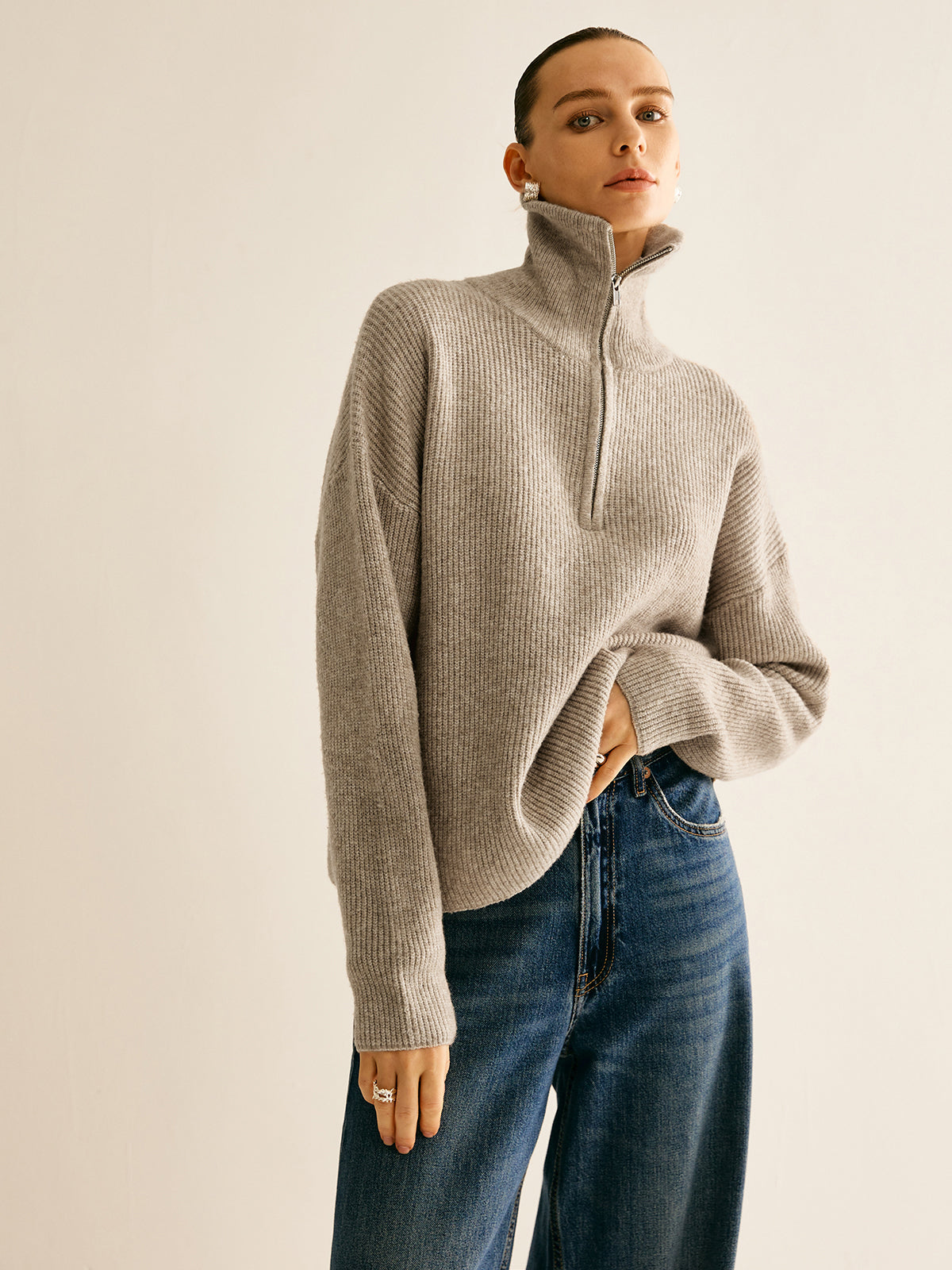Women's Wool-Blend Quarter-Zip Sweater and Pants Set - Oatmeal