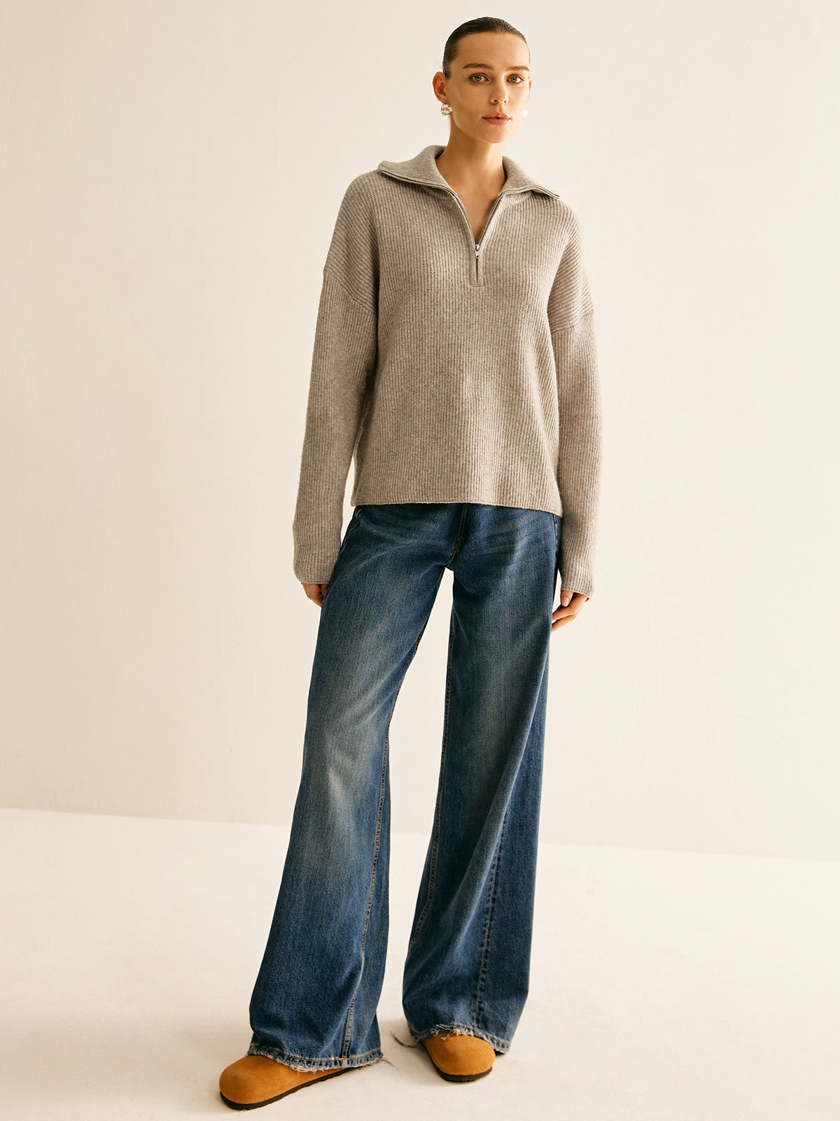 Women's Wool-Blend Quarter-Zip Sweater and Pants Set - Oatmeal