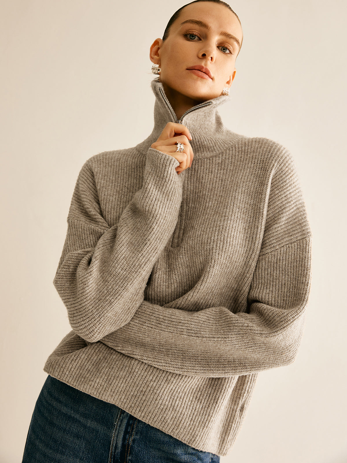 Women's Wool-Blend Quarter-Zip Sweater and Pants Set - Oatmeal