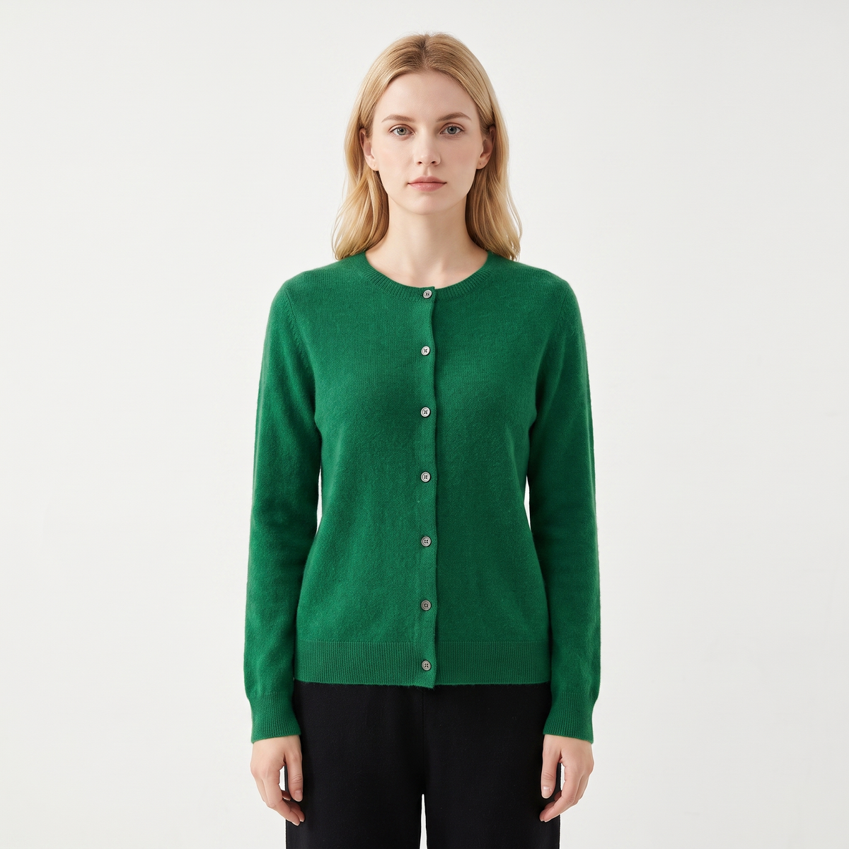 Women's Wool Knit Button-Up Cardigan - Emerald Green