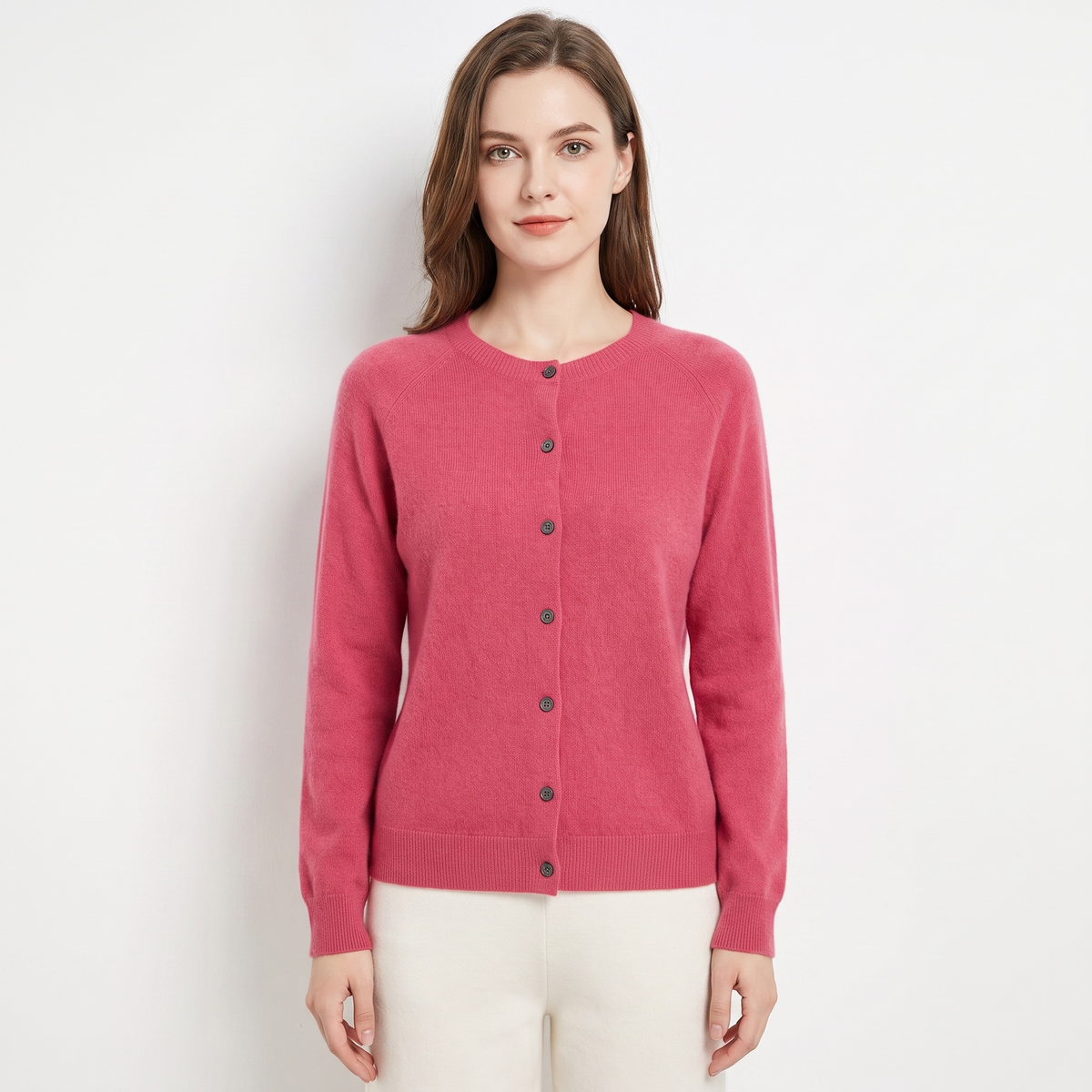 Women's Wool Knit Button-Up Cardigan - Raspberry