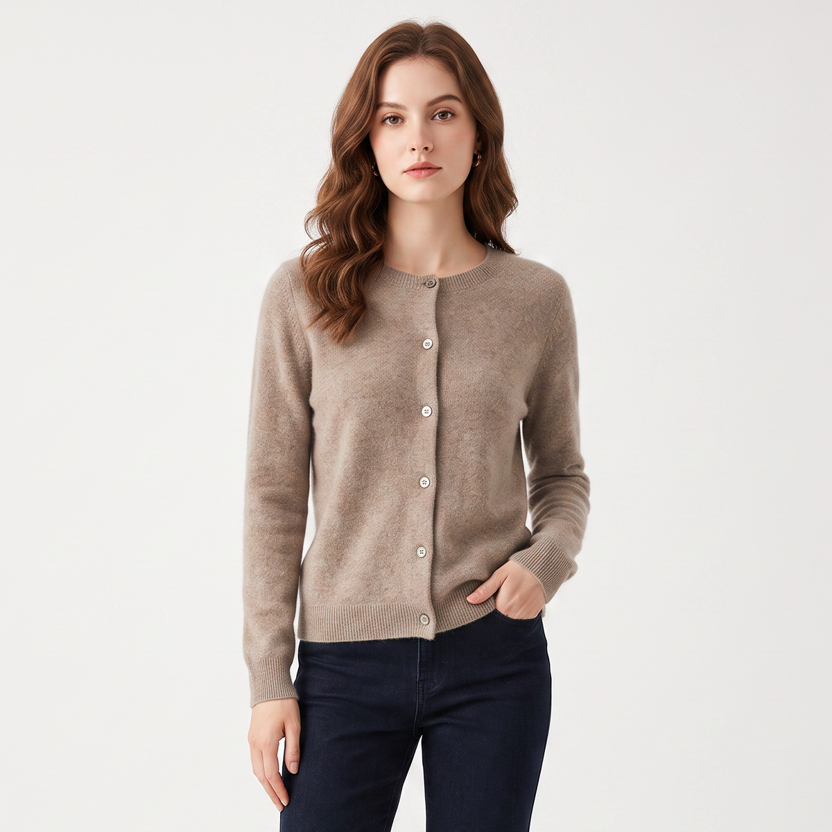 Women's Wool Knit Button-Up Cardigan - Taupe