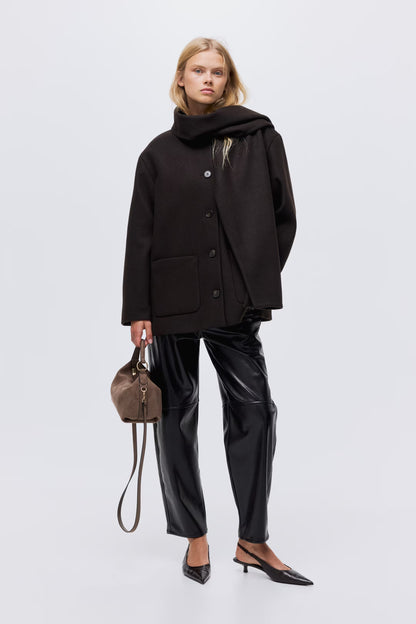Women's Woven Shawl Collar Long Coat - Dark Brown