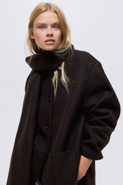 Women's Woven Shawl Collar Long Coat - Dark Brown