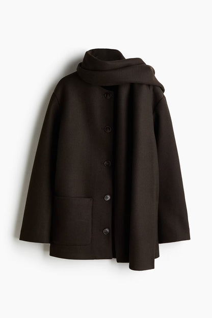 Women's Woven Shawl Collar Long Coat - Dark Brown