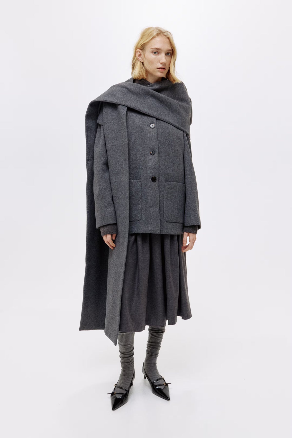 Women's Woven Shawl Collar Long Coat - Dark Gray