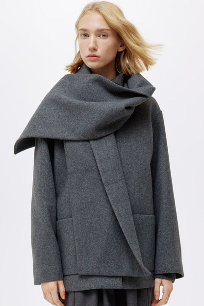 Women's Woven Shawl Collar Long Coat - Dark Gray