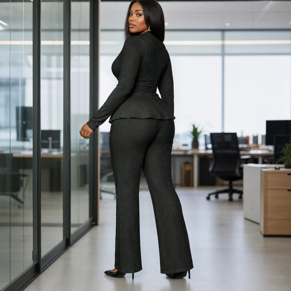 Women's Wrap Peplum Flared Pant Set - Black