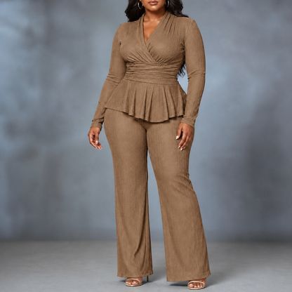 Women's Wrap Peplum Flared Pant Set - Camel