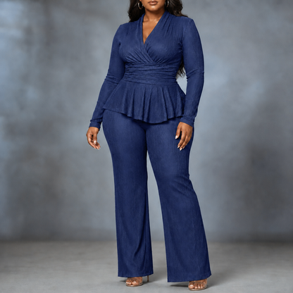 Women's Wrap Peplum Flared Pant Set - Navy